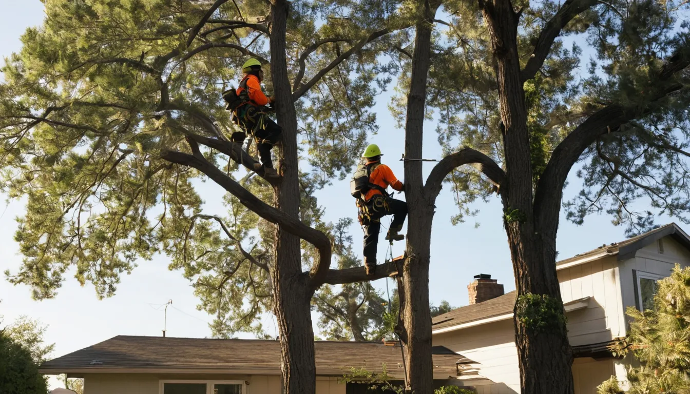 Tree removal provider cutting a large backyard tree near a home in the Indianapolis city area